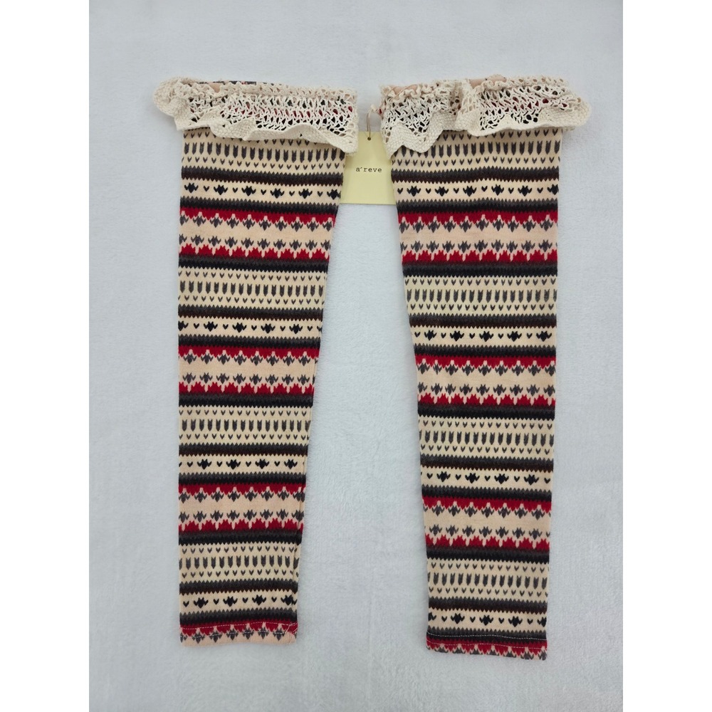 NWT A'reve Fair Isle Leg Warmers Crochet Lace Trim Boho Cottagecore Red Cream